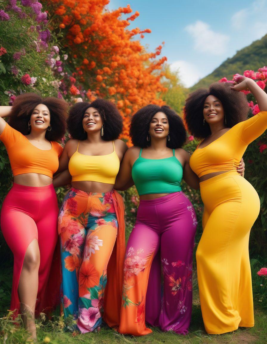 A diverse group of women showcasing various body types in a vibrant outdoor setting, each expressing their individuality through colorful, flowing garments and joyful poses. Surrounding them are uplifting quotes about body positivity and self-expression intertwined with flowers and nature elements. The scene radiates empowerment and creativity, celebrating diversity in beauty. super-realistic. vibrant colors. bright background.