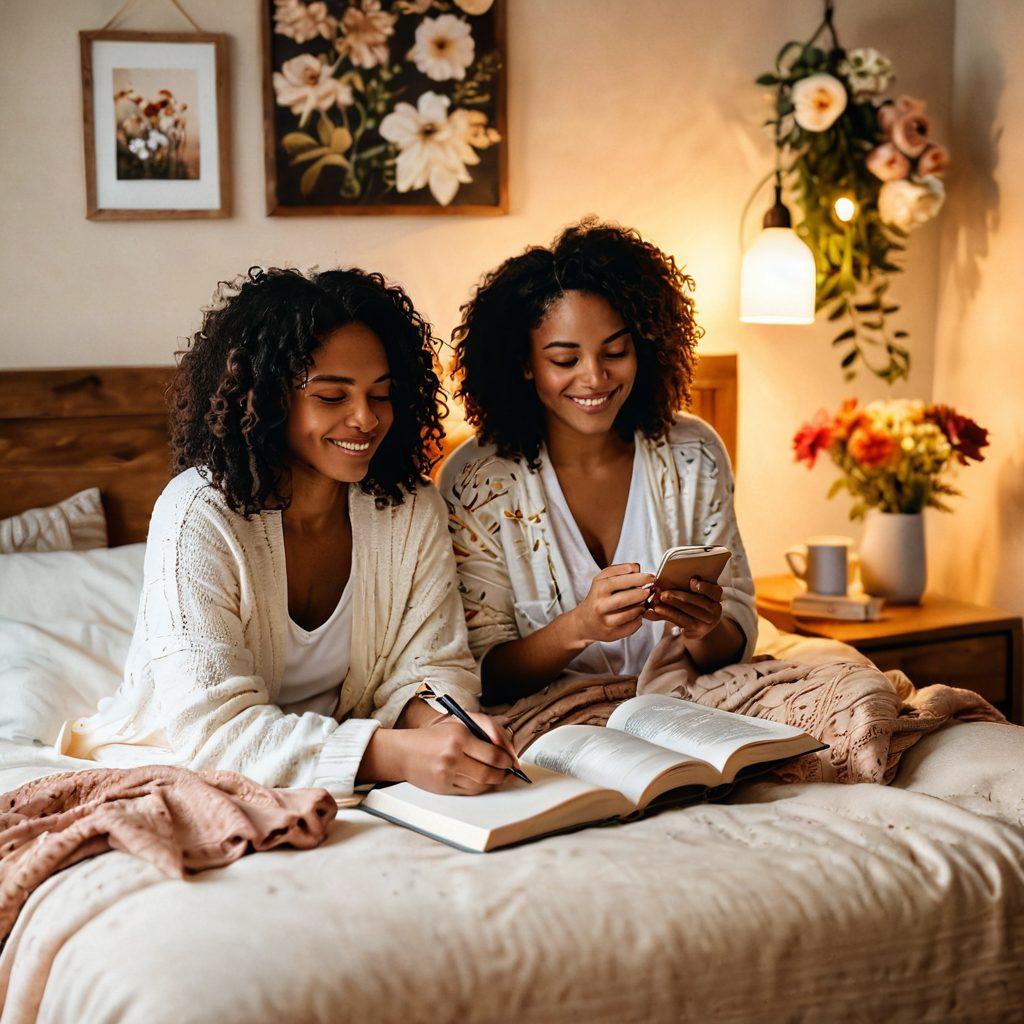 A serene and inviting bedroom scene, showcasing diverse women of different backgrounds sharing intimate stories, surrounded by soft lighting and personal journals. The women are expressing emotions through gestures and smiles, while floral decor and warm colors enhance the atmosphere of comfort and vulnerability. Incorporate elements like open journals and cozy blankets to emphasize the personal storytelling theme. soft focus. warm color palette. cozy atmosphere.